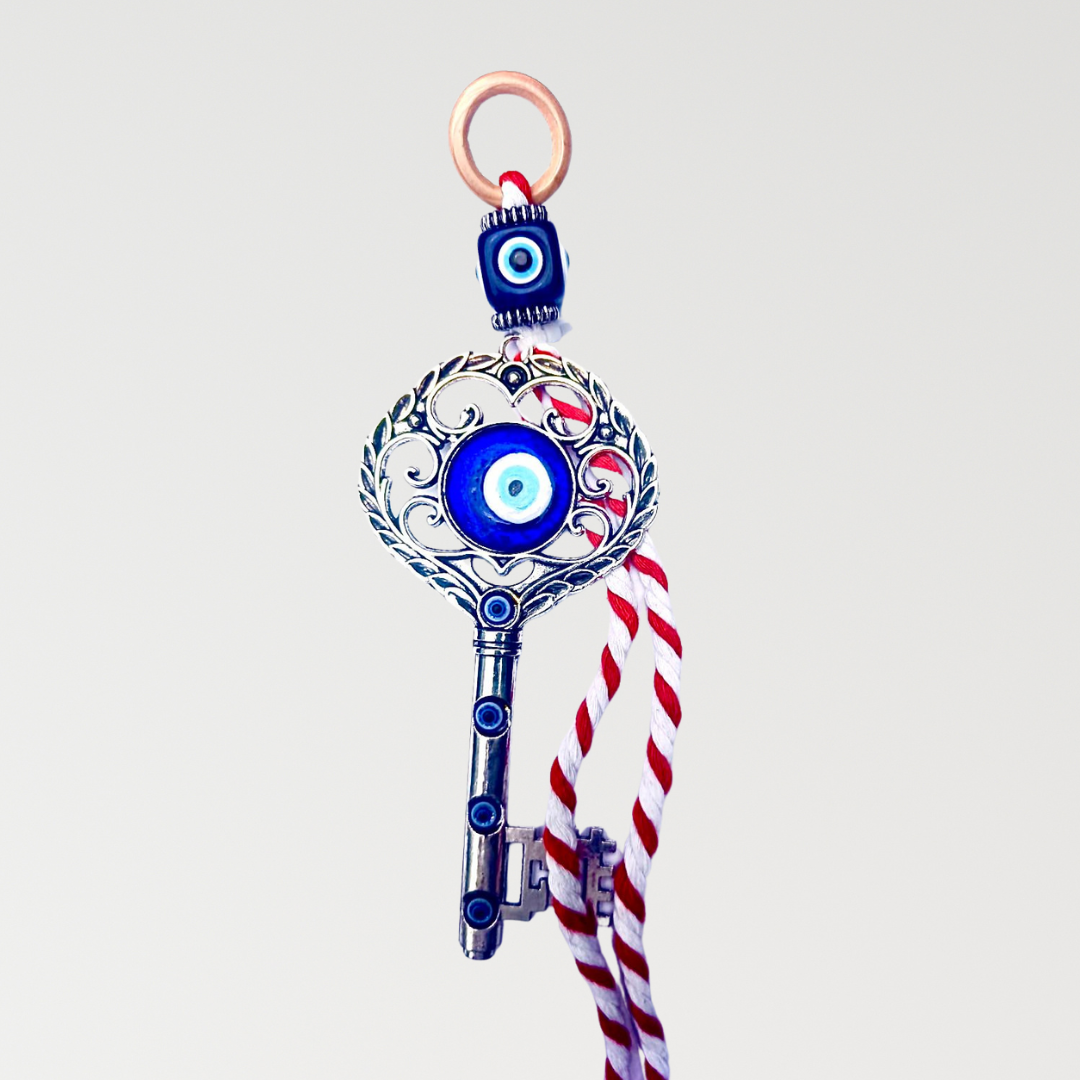 Key-Shaped Evil Eye Hanging with Red & White Thread